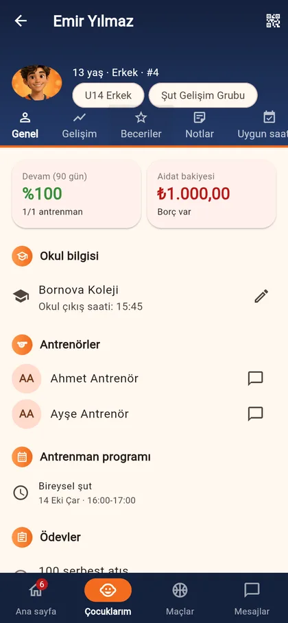Çocuğunuzun profili: devam, antrenörler, program
