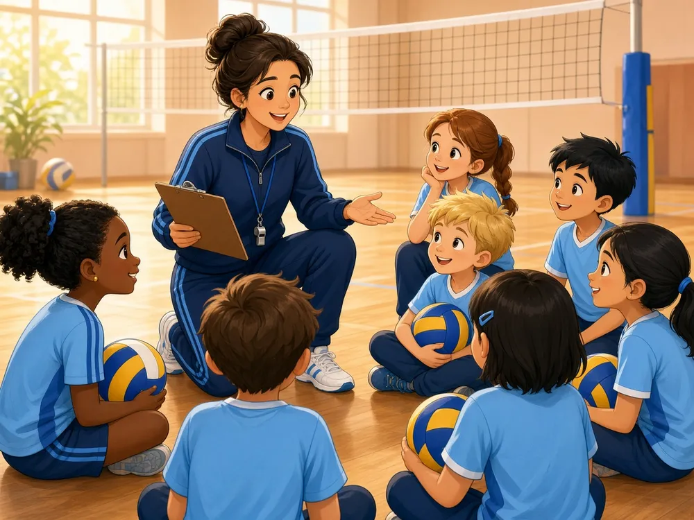 Voleybol antrenörü çocuklara anlatıyor